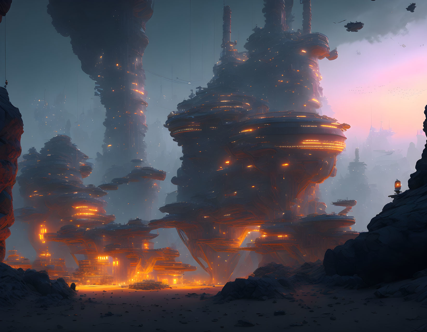 Futuristic cityscape with towering spires and flying crafts at dusk