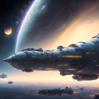 Large futuristic spaceships orbiting an Earth-like planet in serene sci-fi scene