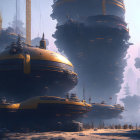 Yellow and black futuristic cityscape with flying vehicles and small figures.