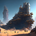 Futuristic desert landscape with towering rock-like structures and advanced settlements