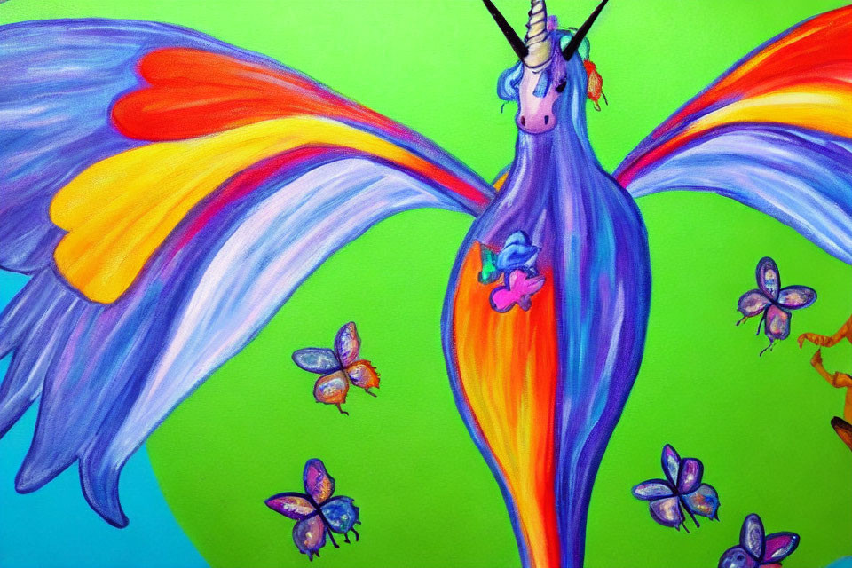 Colorful painting of purple unicorn with wings and butterflies on green background