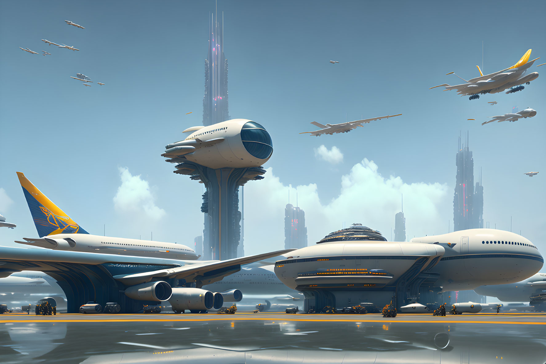 Advanced Aircraft and Skyscrapers in Futuristic Airport Skyline