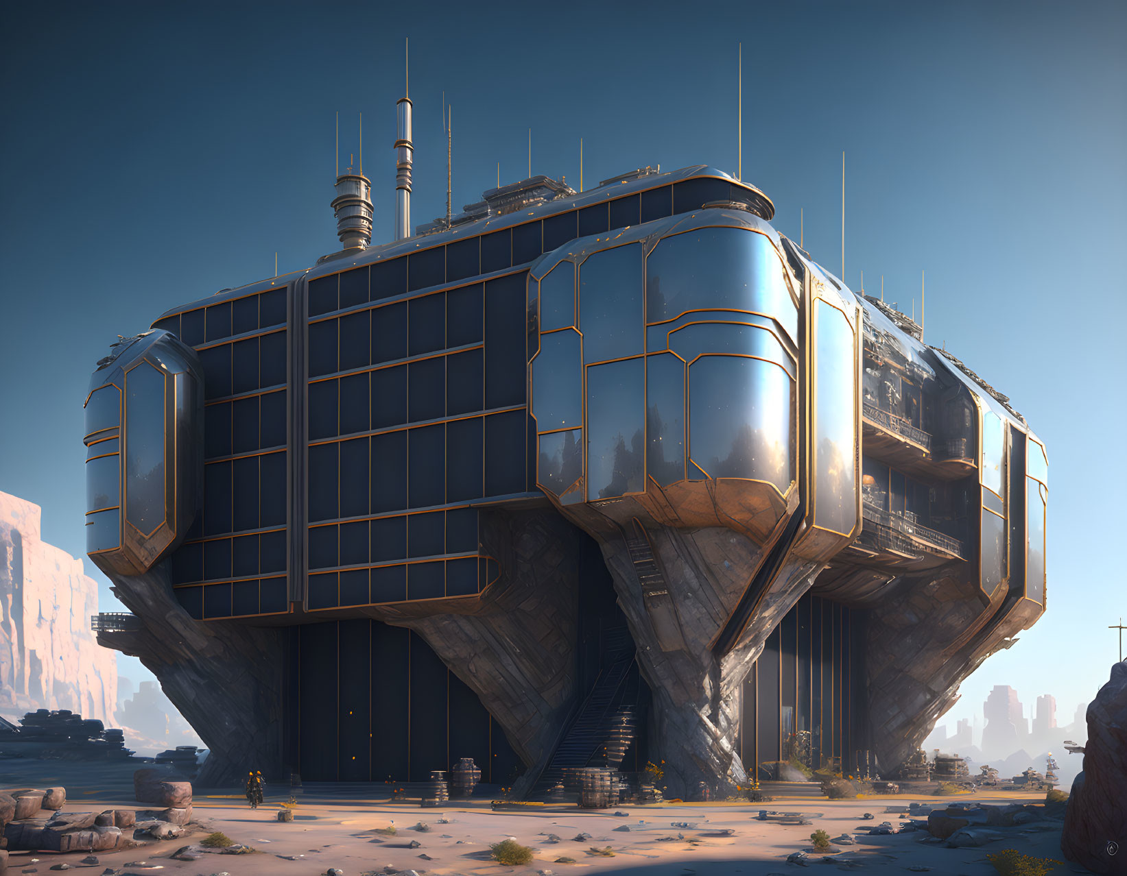 Modern futuristic building on massive supports in desert landscape