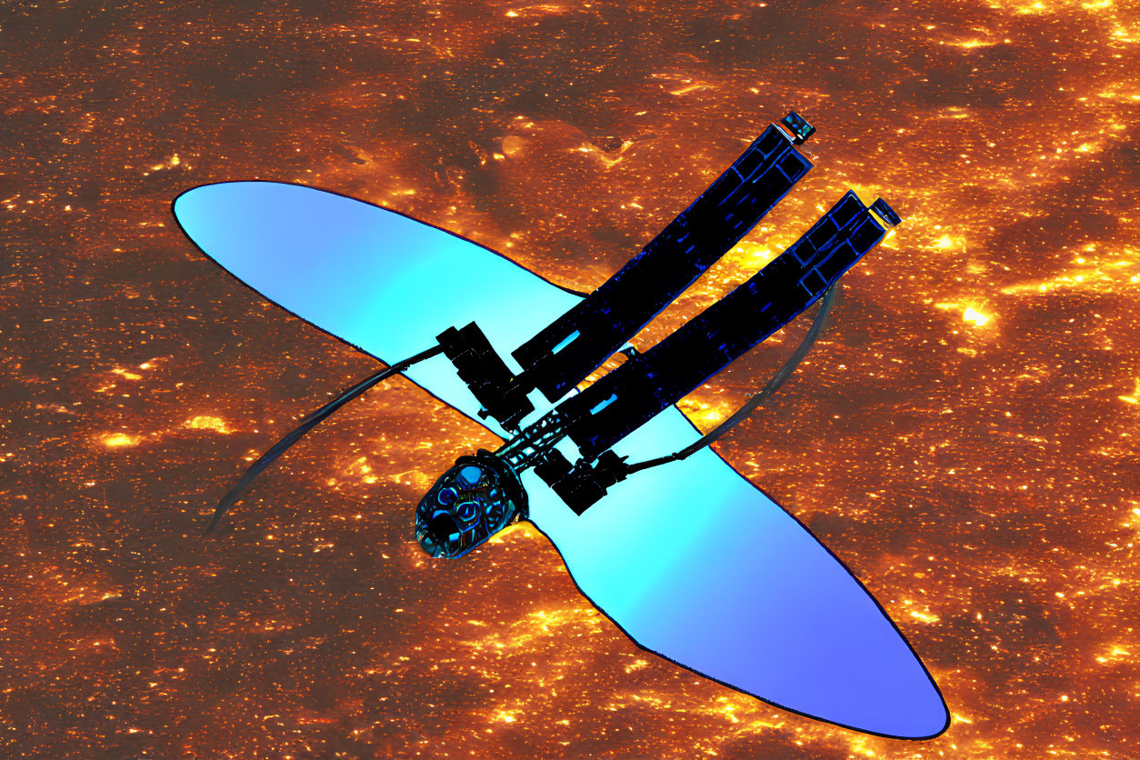 Digital illustration: Satellite with solar panels orbiting fiery star background.