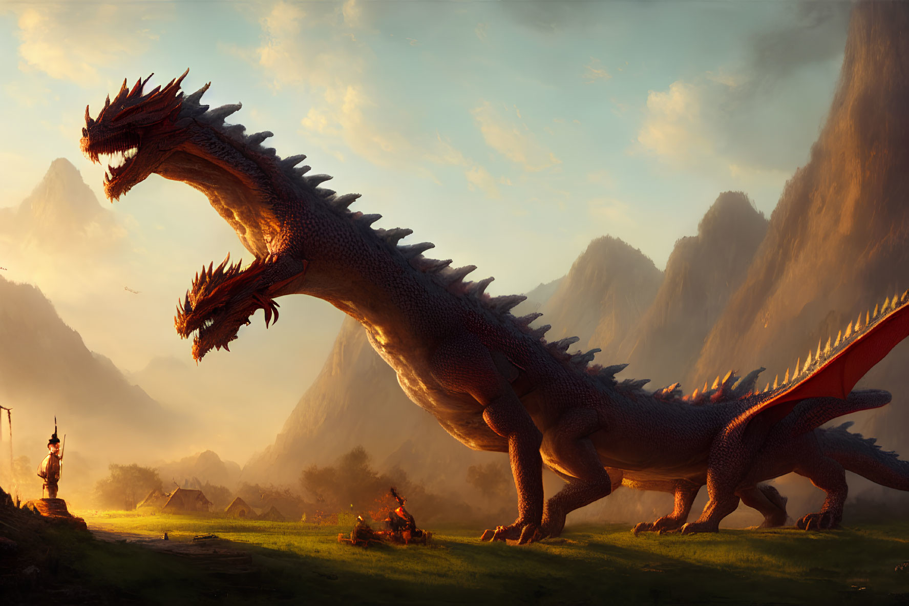 Gigantic red dragon in mountainous landscape under golden sunlight