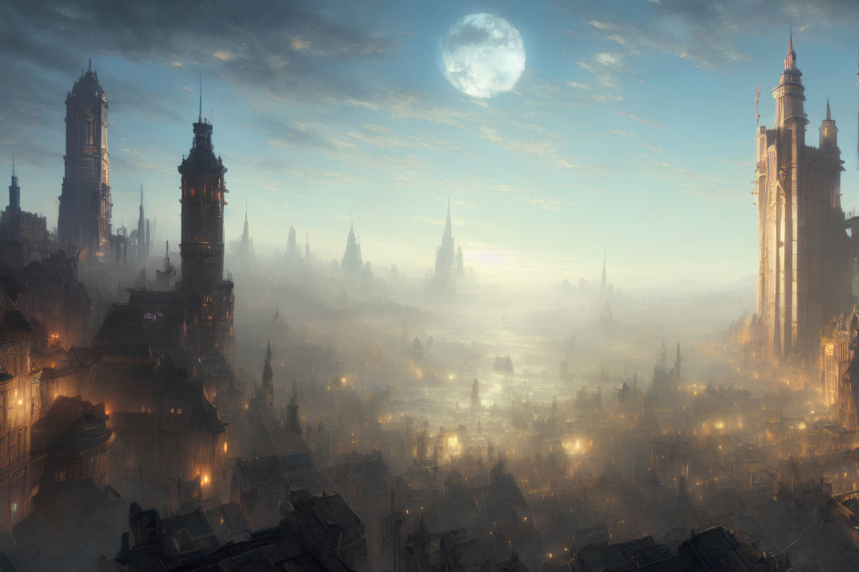 Fantasy city skyline at dusk with moon, mist, and spires