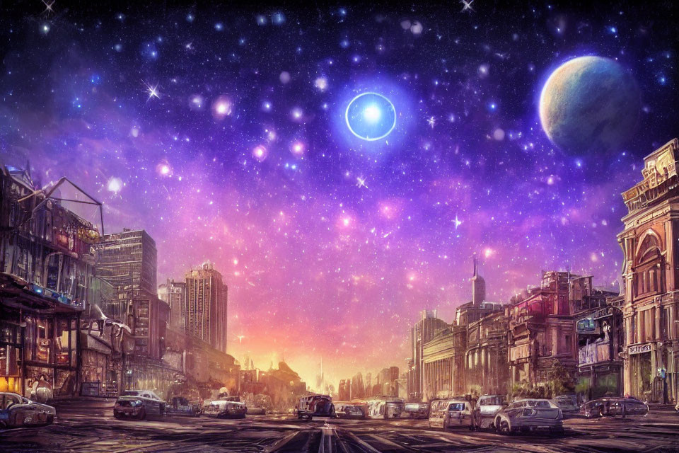 City street twilight scene with surreal star-filled sky and visible planet.