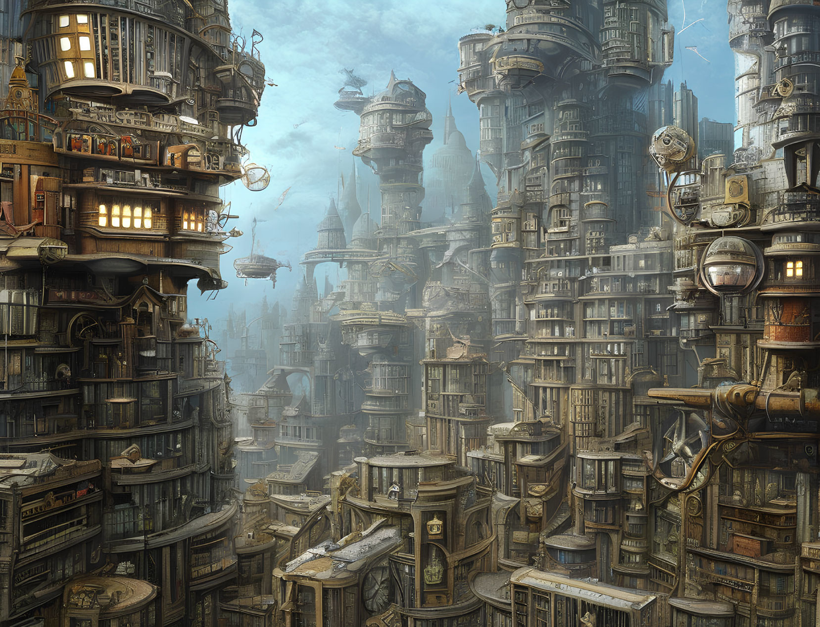 Steampunk cityscape with towering buildings and flying vessels