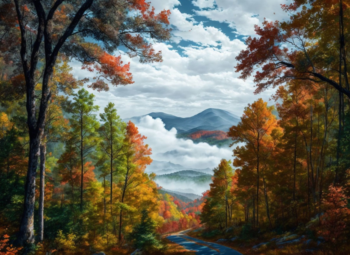 Vibrant autumn road with colorful trees and misty mountains