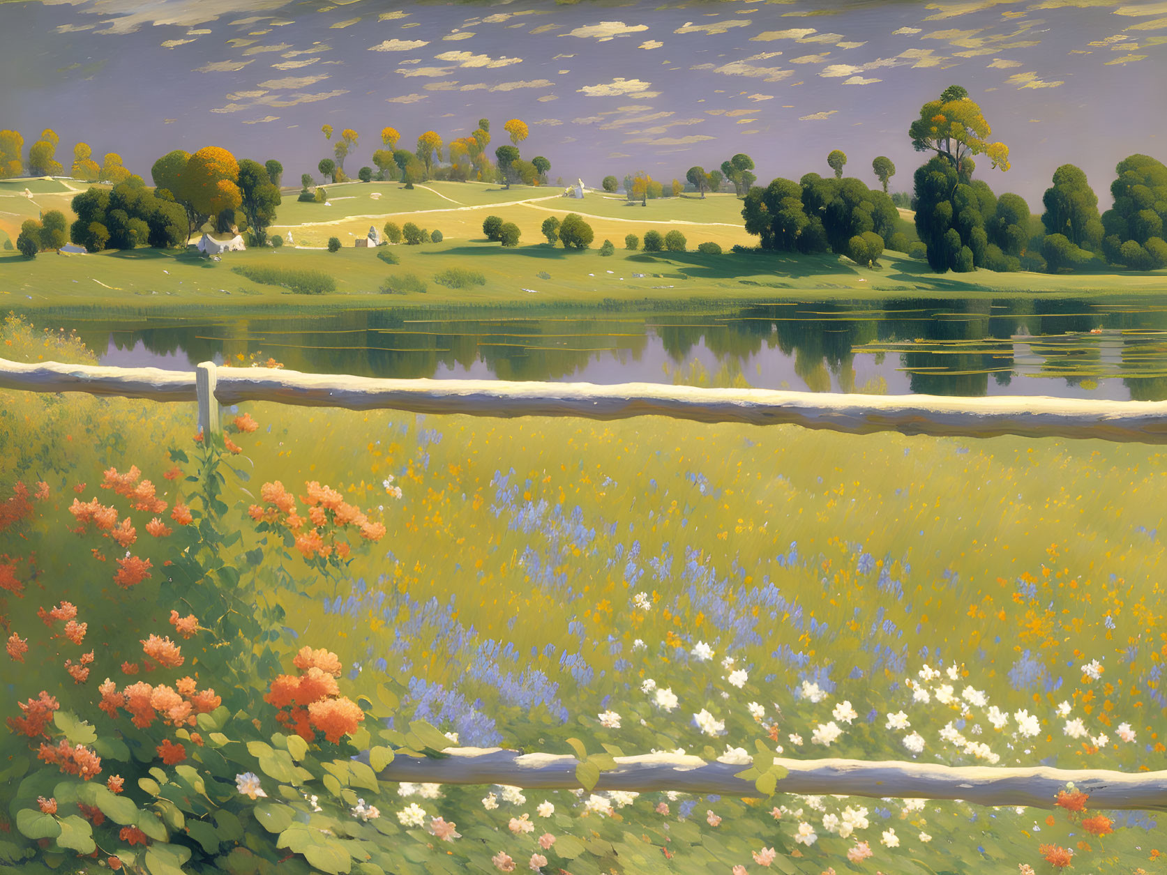 Tranquil landscape painting of vibrant meadow, serene lake, and rolling hills