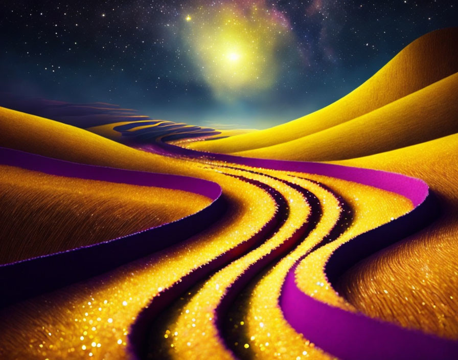 Digital Art: Purple Pathways on Golden Sand Dunes Under Starry Night Sky