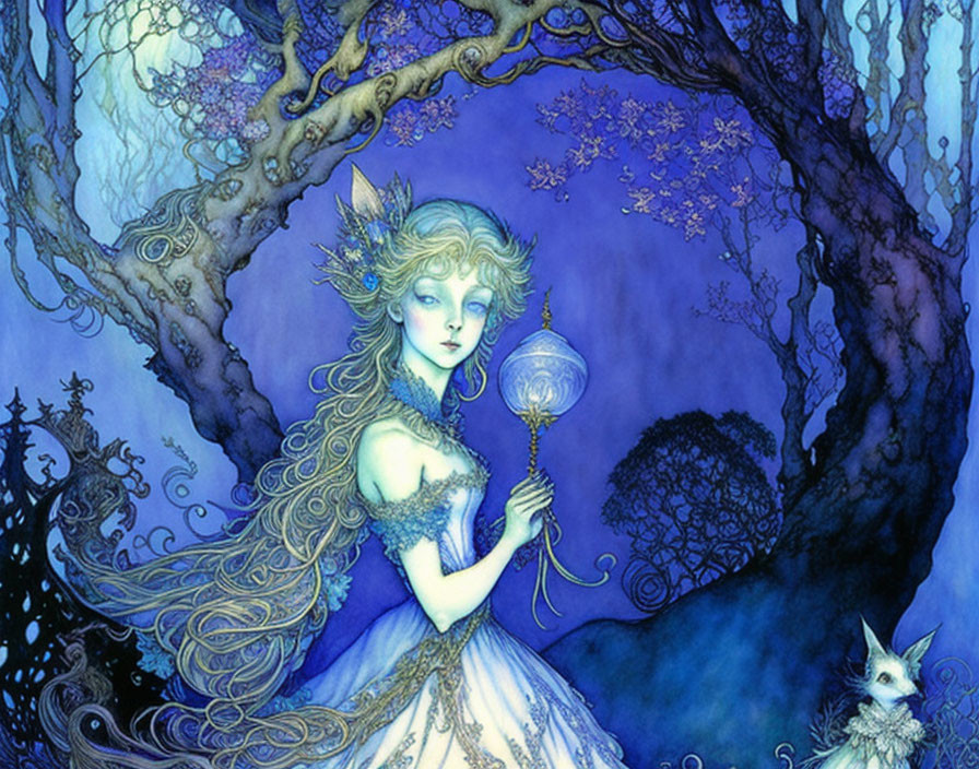 Fantasy illustration of a crowned woman with staff in mystical forest