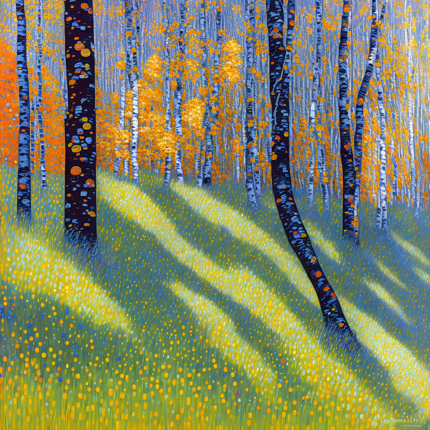 Colorful forest painting with white trees, golden foliage, and textured undergrowth.