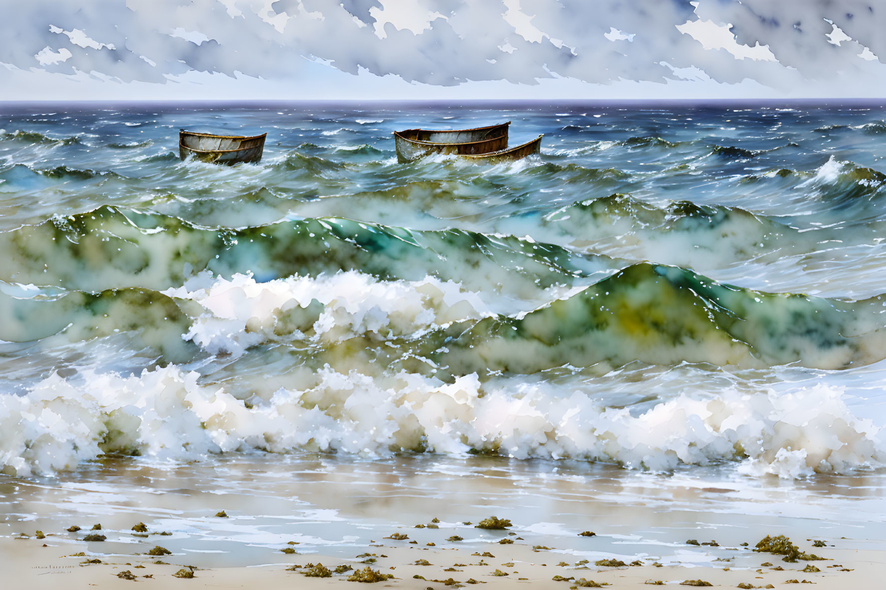 Wooden boats on turbulent sea waves near sandy beach under cloudy sky