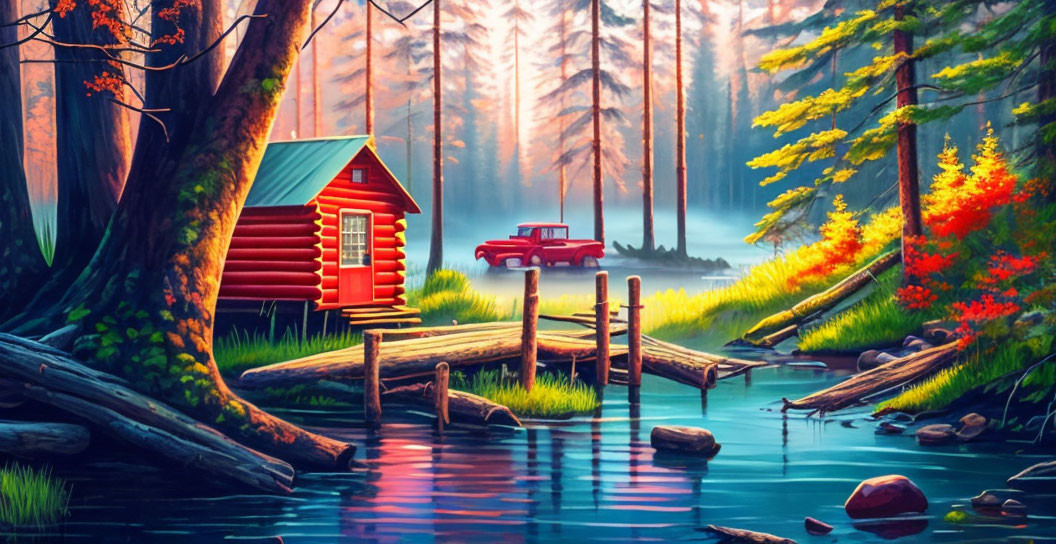 Tranquil lakeside scene with red cabin, vintage truck, lush forest, and wooden dock