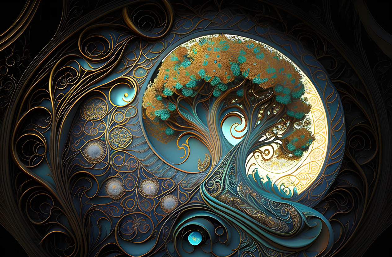 Stylized golden leaf tree in ornate digital art