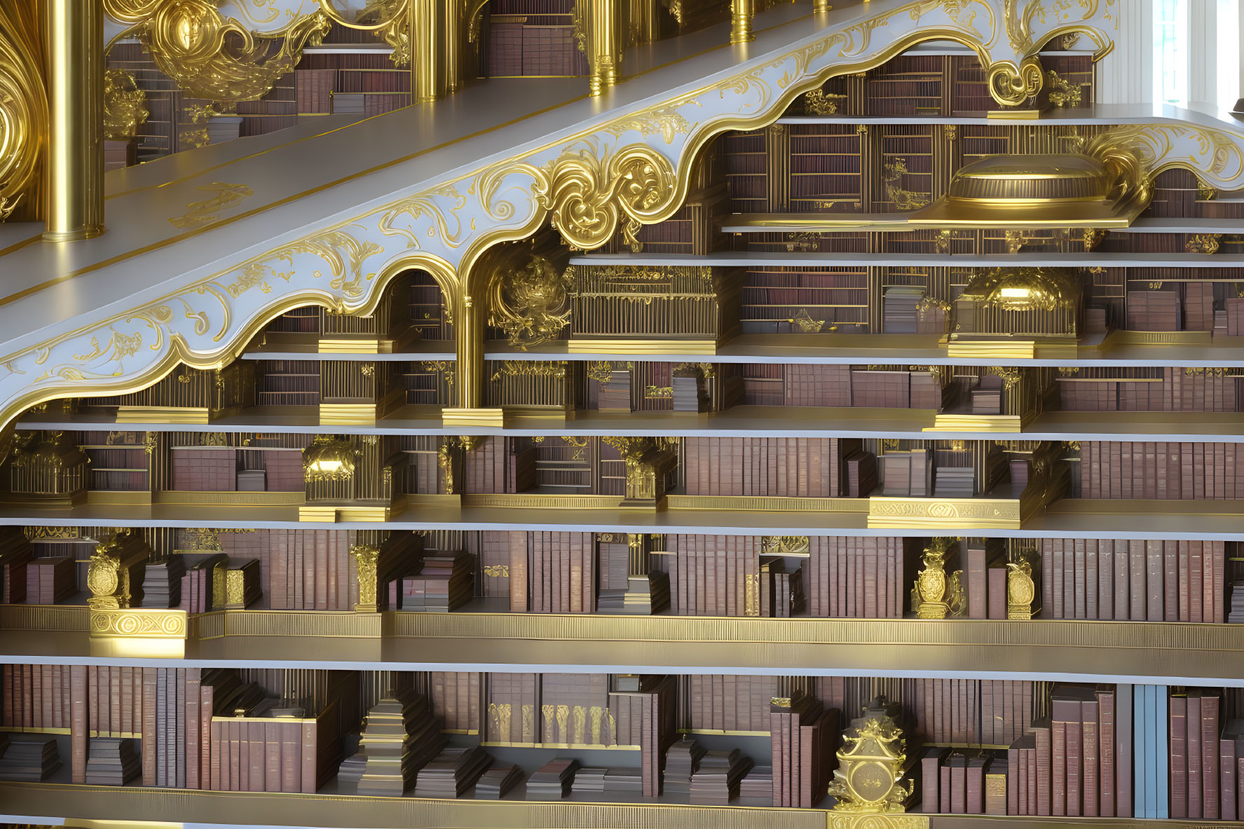 Luxurious Golden Library with Multiple Levels of Bookshelves