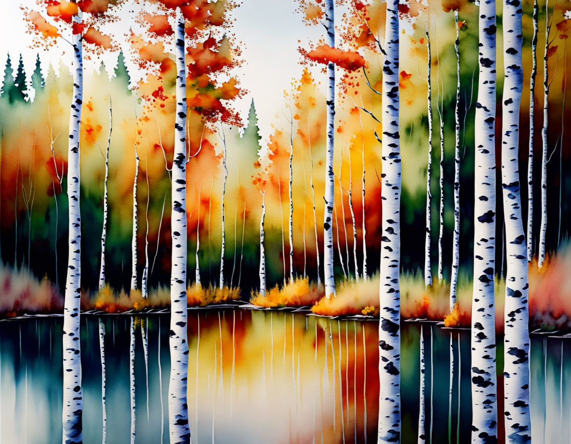 Tranquil autumn landscape with birch trees and colorful foliage