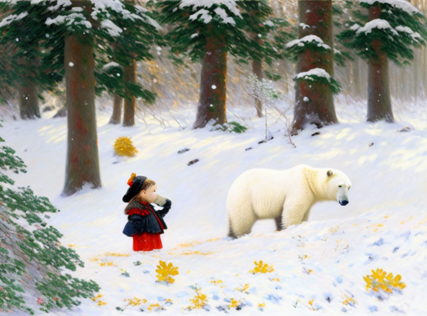 Child in Red Coat Meets Polar Bear in Snowy Forest with Golden Leaves