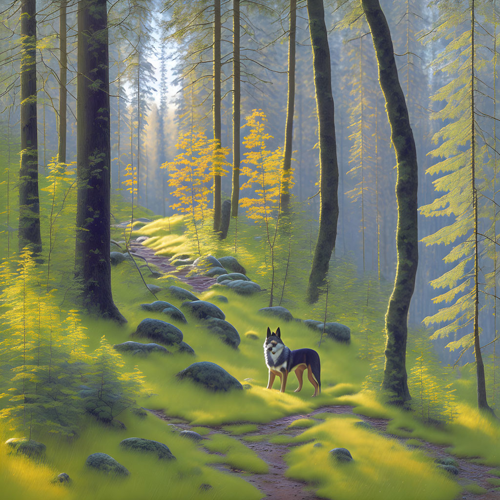 Tranquil forest scene with sunlight, mossy path, and dog in lush greenery