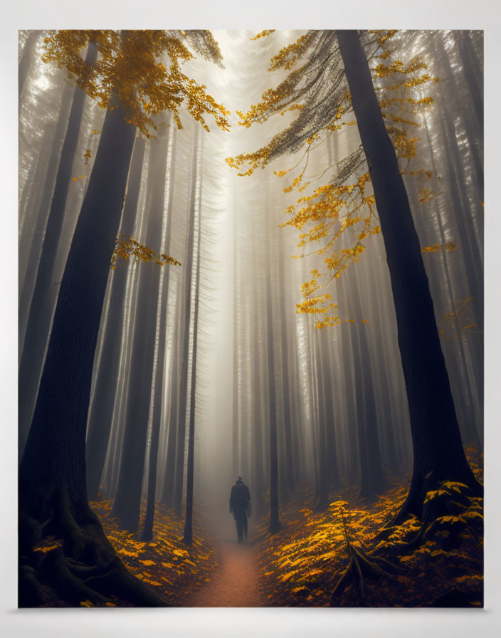 Solitary figure walking in misty forest with towering trees