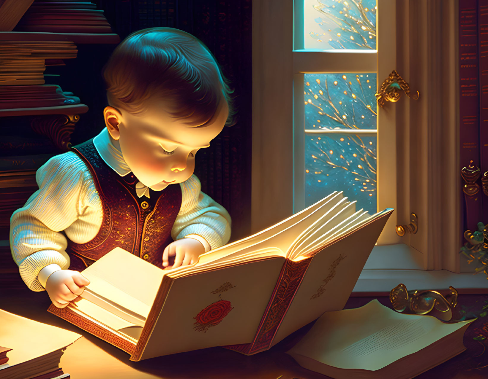 Young child reading book by lamp with snow outside & books around