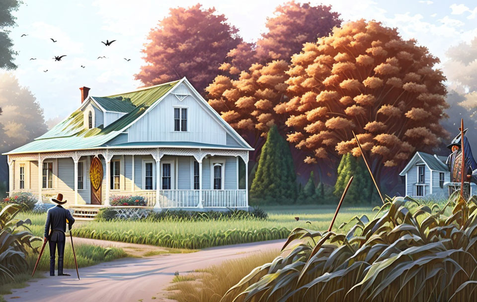 Tranquil countryside landscape with house, trees, figure with camera, and birds.