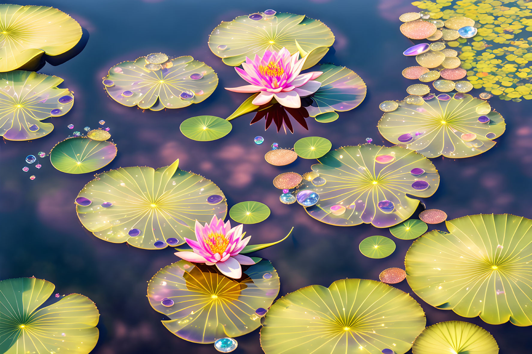 Tranquil Pond with Pink Water Lilies and Green Lily Pads