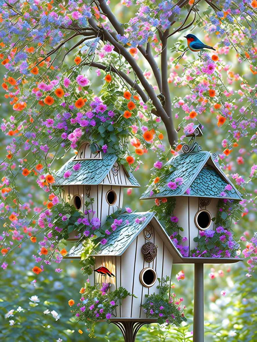 Colorful Flowers and Birdhouses in Vibrant Garden Setting