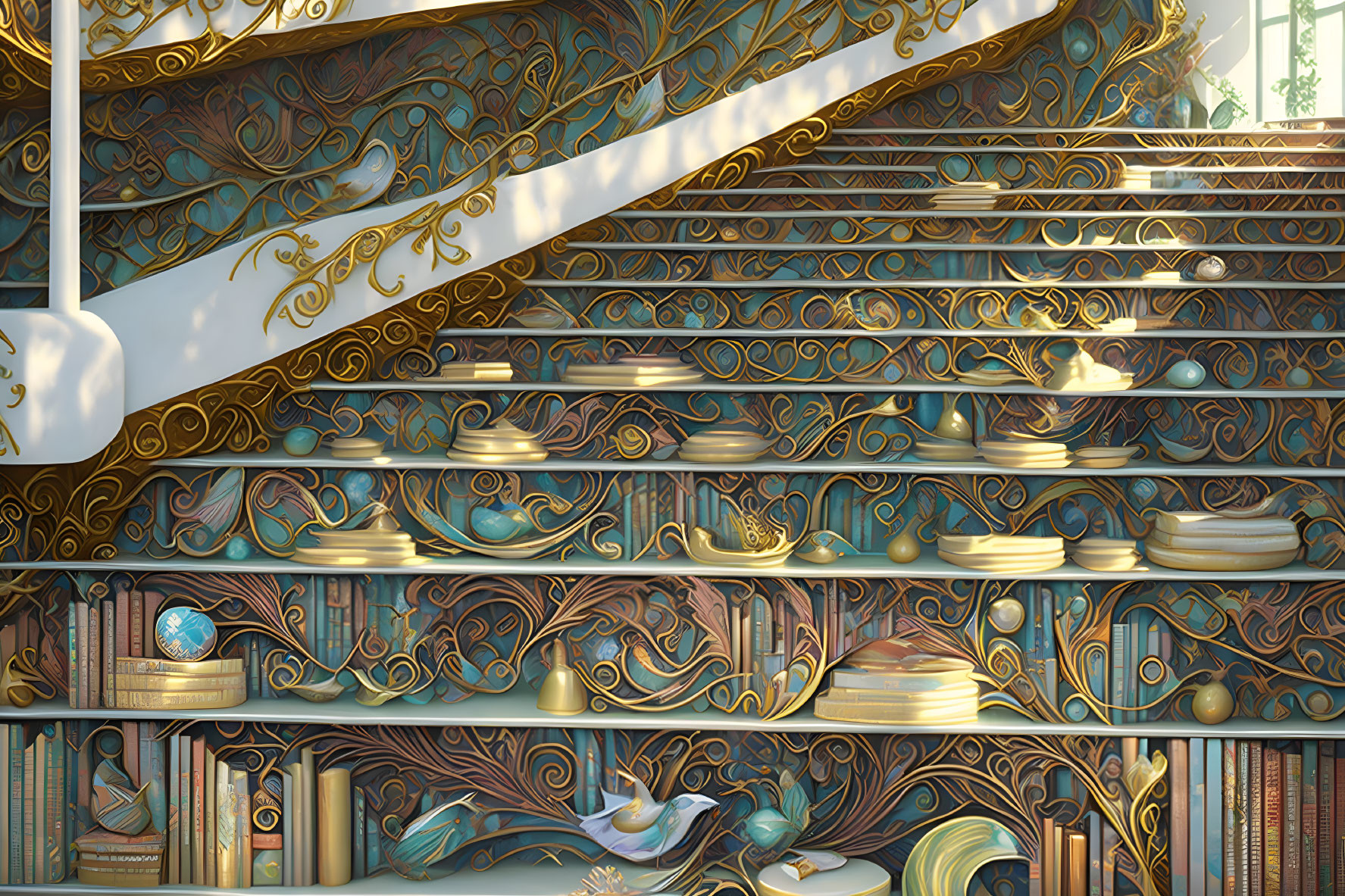 Opulent staircase with golden swirls, blue accents, books, and globes.