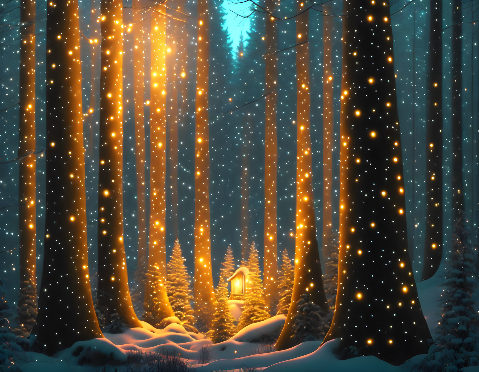 Snow-covered winter forest night scene with warm yellow lights and lantern glow.