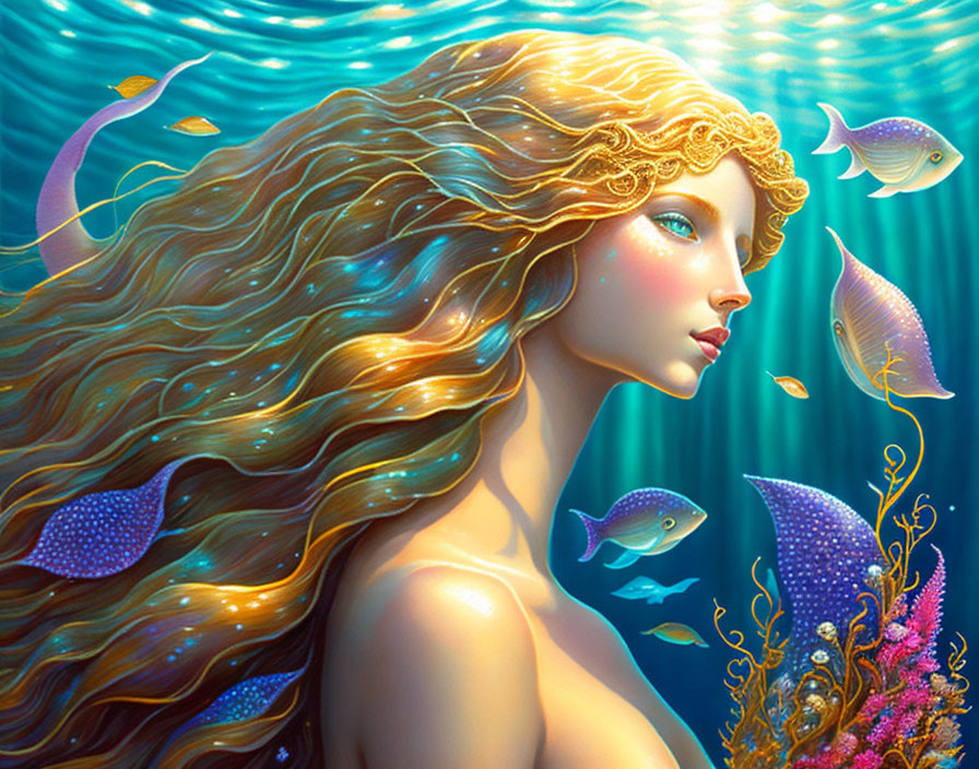 Illustrated mermaid with golden hair in vibrant underwater scene