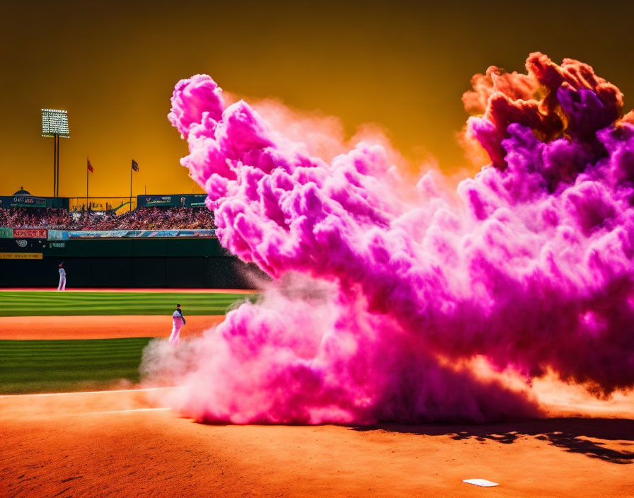 Pink Smoke Bomb Explosion on Baseball Field with Player and Stands under Orange Sky