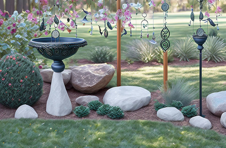 Tranquil garden with bird bath, wind chimes, stones, topiary, and succ