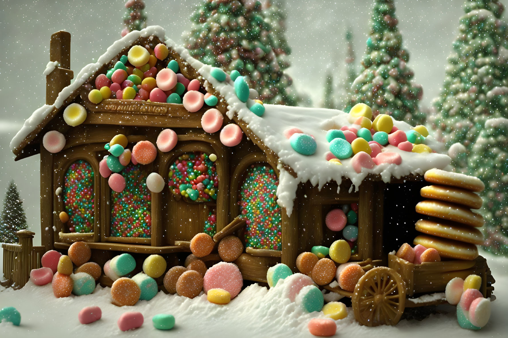 Colorful Candy Gingerbread House in Snowy Winter Scene