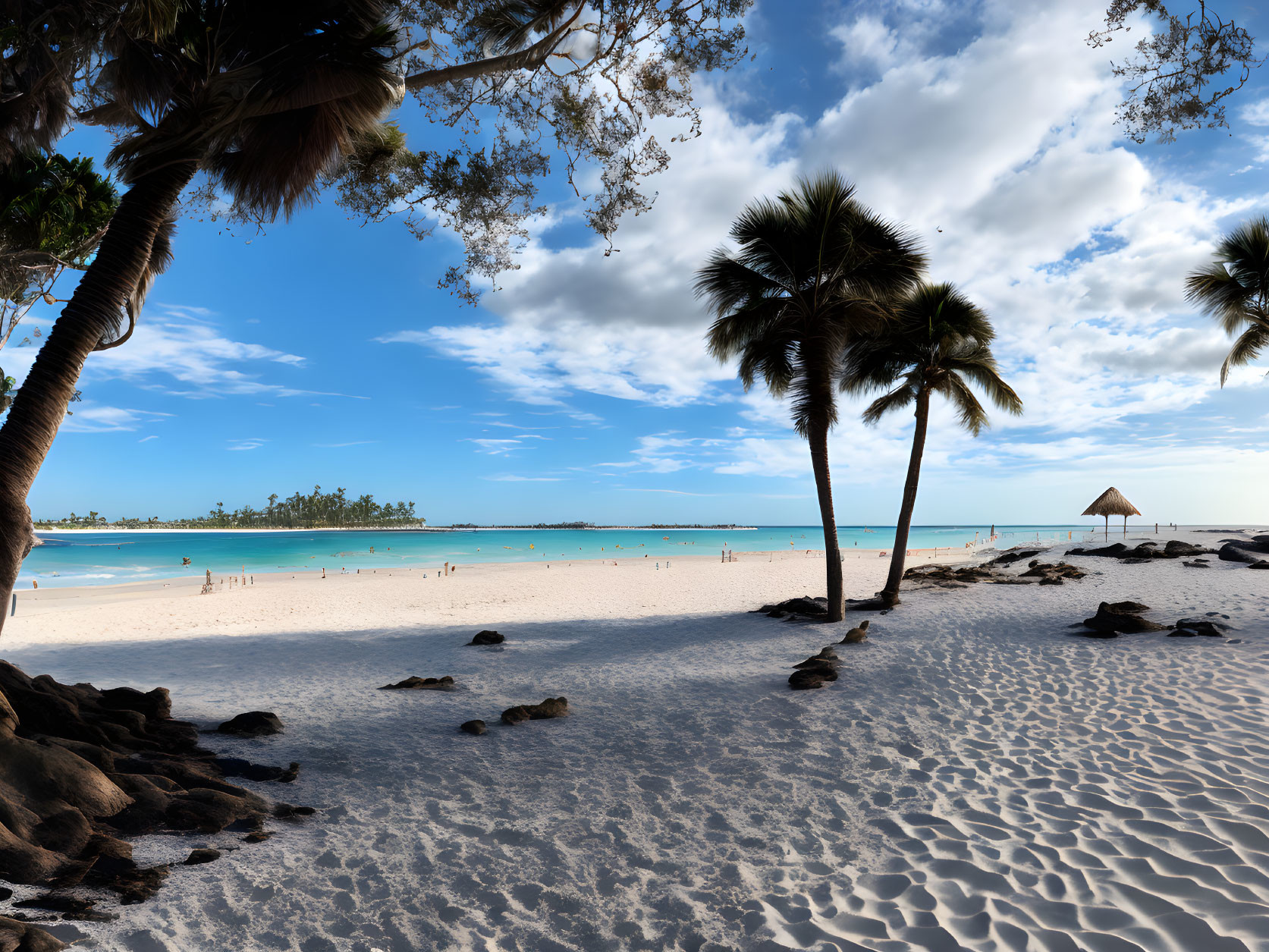 White Sand Tropical Beach with Palm Trees and People by the Water