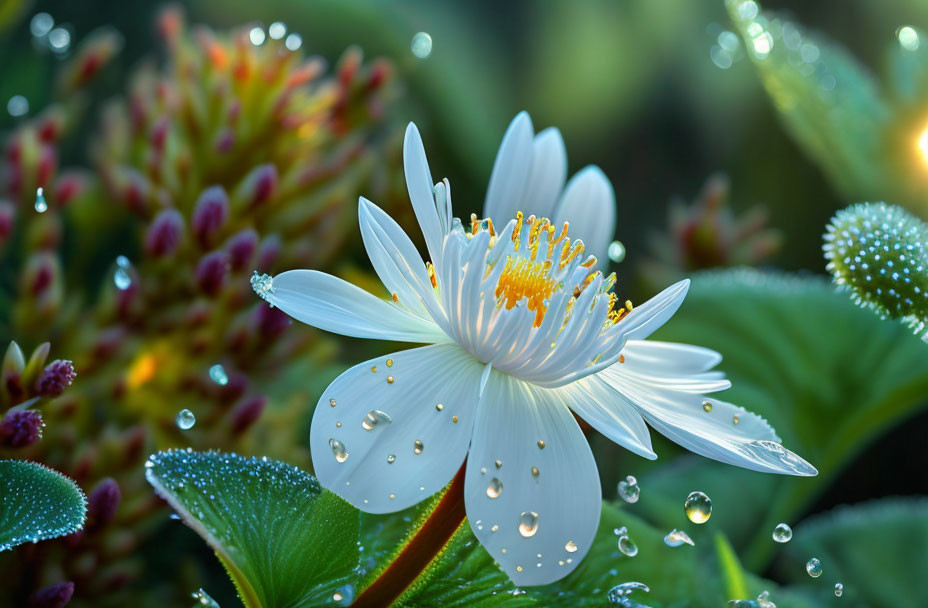 White flower with golden center in dew-covered greenery on soft-focus background