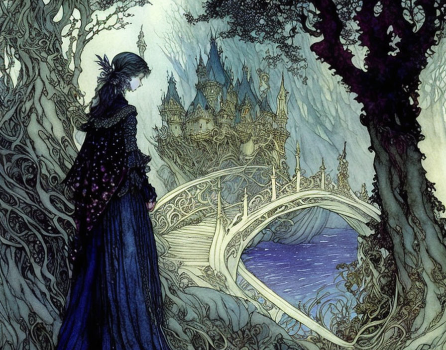 Mysterious woman in dark cloak at fairytale castle bridge