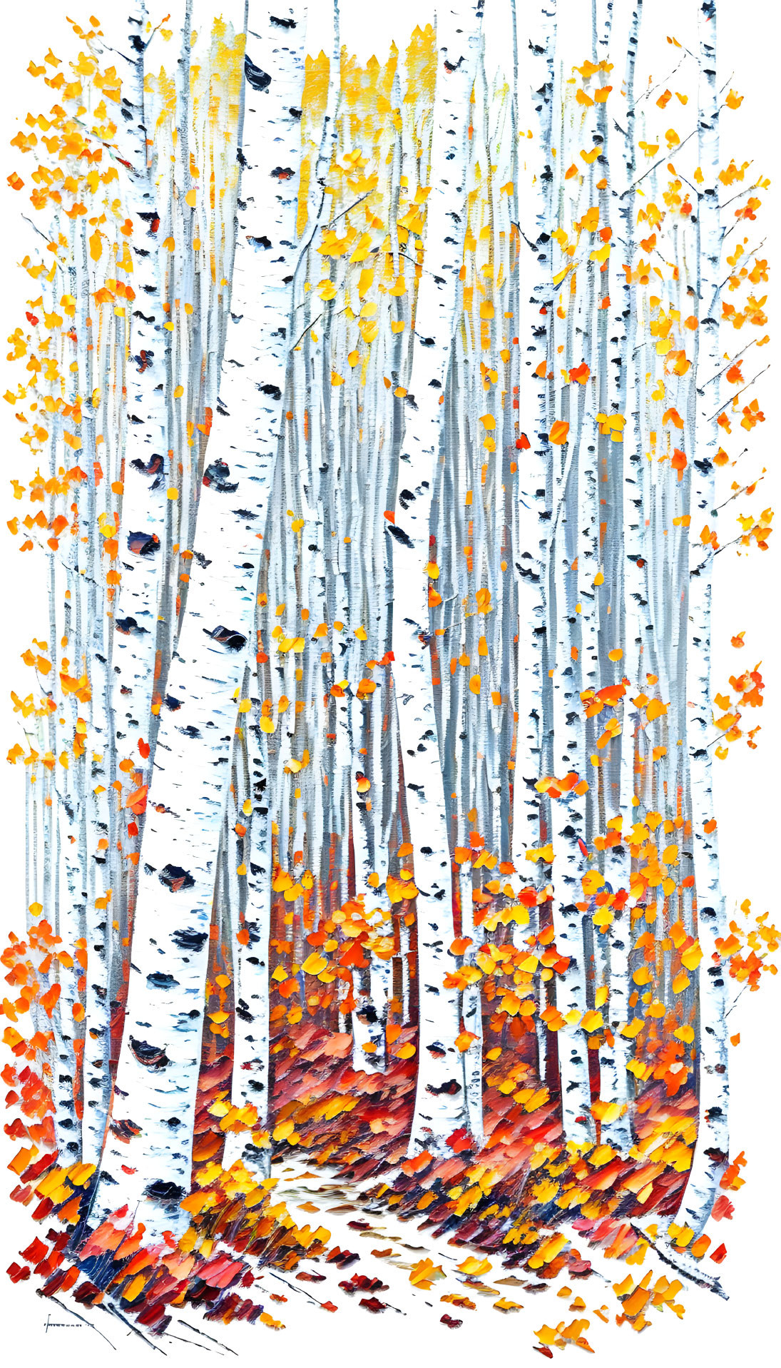 Vivid autumn birch forest painting with yellow and red leaves