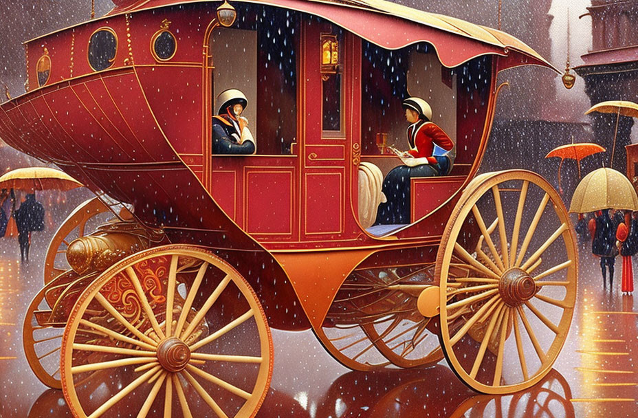 Vintage-style illustration of red and gold horseless carriage with large wheels, two individuals converse inside under snowy