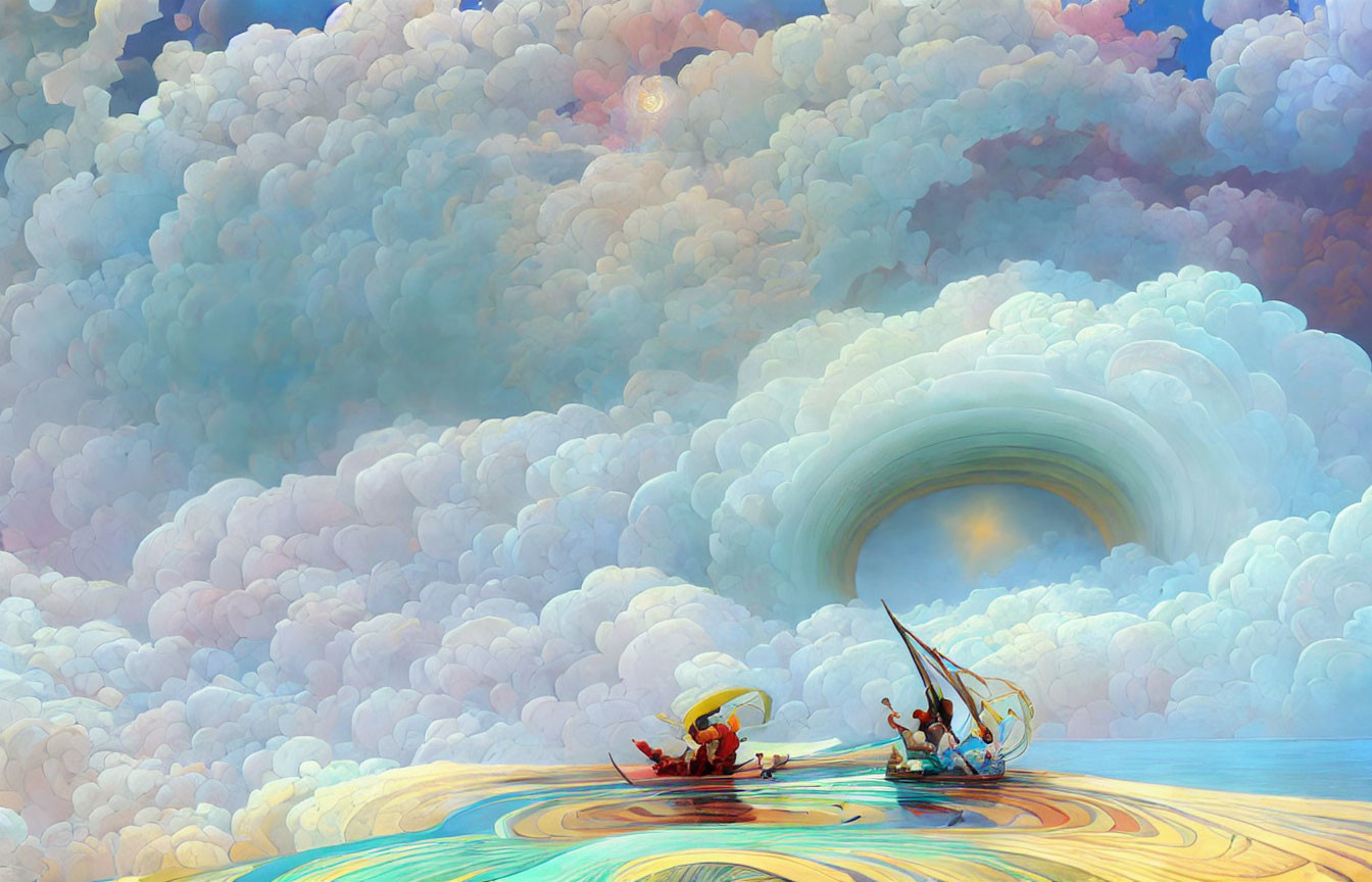 Canoeing on surreal multicolored water with swirling cloud tunnel