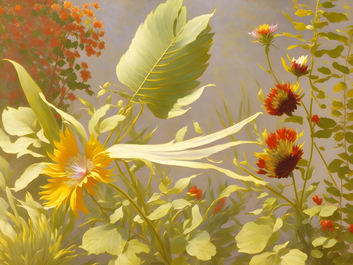 Botanical painting with yellow, green, and red-orange flowers