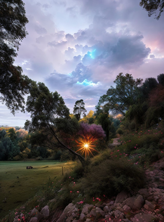 Vibrant sunset colors over green fields and blossoming tree