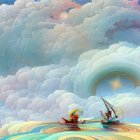 Canoeing on surreal multicolored water with swirling cloud tunnel