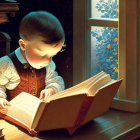 Young child reading book by lamp with snow outside & books around