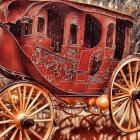 Vintage-style illustration of red and gold horseless carriage with large wheels, two individuals converse inside under snowy