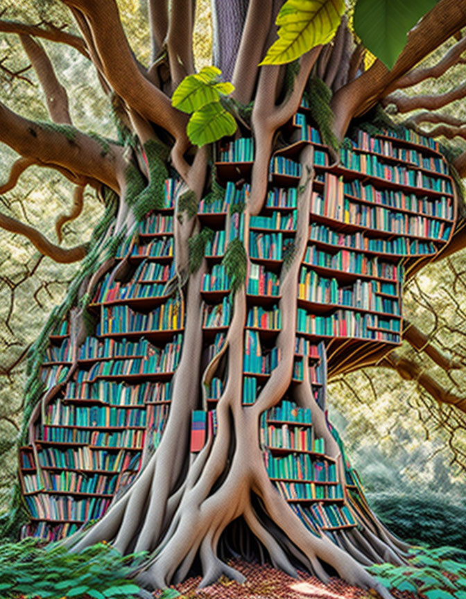 Whimsical tree with shelves of colorful books under green canopy