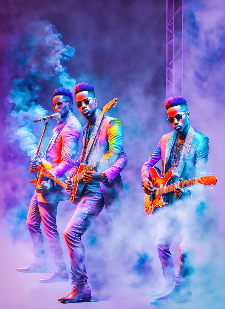 Three musicians in suits playing saxophone and electric guitars under colorful stage lighting and smoke effects