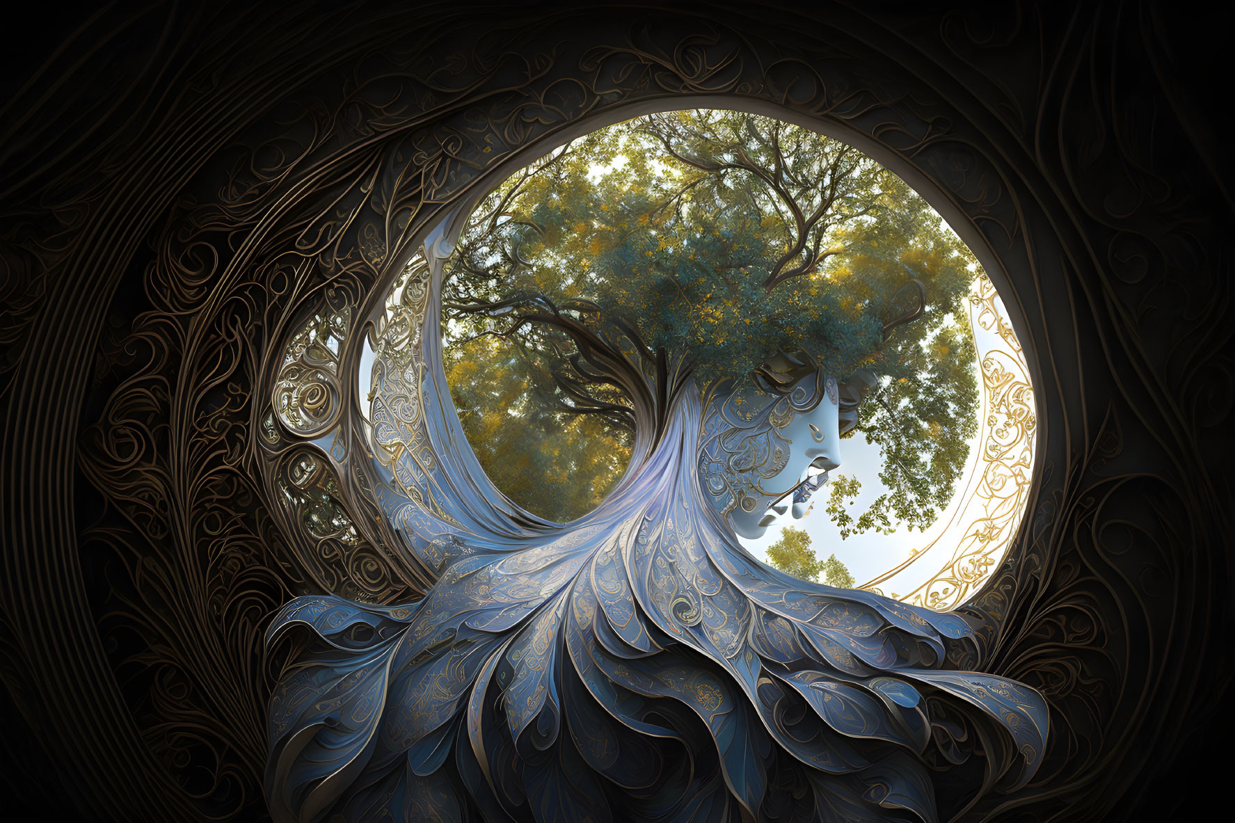 Stylized tree digital artwork with swirling patterns and circular frame