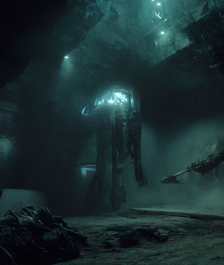 Eerie underground scene with colossal humanoid mecha in misty setting